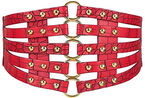 MEGAUK Damen Leder Gürtel Breit Nieten Elastischer Taillen Vintage Hüftgürtel Bindegürtel Lolita Korsett Mit Ring Schnalle Design