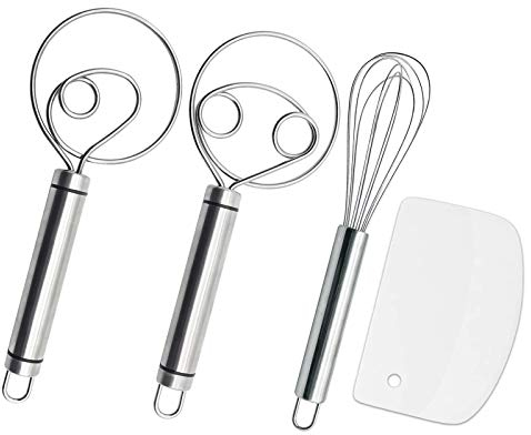 Listenman 8 Inch Stainless Steel Danish Dough Whisk Bread Mixer & Egg Whisk Kits, 2Pack Dutch Whisk & 1Pack Handheld Wire Whisk Blender with a Dough Scraper for Bread, Pastry or Pizza Dough Whisk