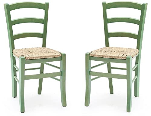 Liberoshopping Sedie in legno massello colorata con seduta in paglia Venezia SET DA 2 (Verde)