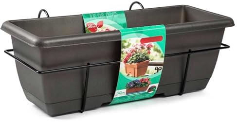 Acan Tradineur - Jardinera para balcón con Plato Integrado y Soporte metálico - Fabricado en plástico - PLFT - Capacidad de 10 litros - 17 x 50 x 19,5 cm - Color Antracita