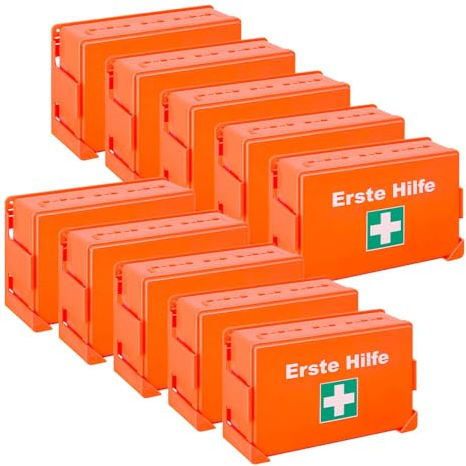 TMS PRO SHOP BIGPACK 10x Erste-Hilfe-Verbandkasten, Wandhalter, orange, Kunststoff, DIN 13157 aus Kunststoff, Art.-Nr. 608876 | Verbandskasten | Notfallkoffer | Erste Hilfe Kasten