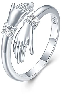 Umarmung Ring Damen 925 Sterling Silber Verstellbar Zirkonia Umarmende Hände Öffnen Ring Verlobungsring Damen