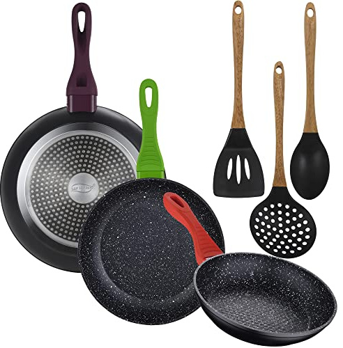 PACK DE 3 SARTENES DE 20/24/28CM EN ALUMINIO FORJADO + SET DE 3 UTENSILIOS DE COCINA EN SILICONA