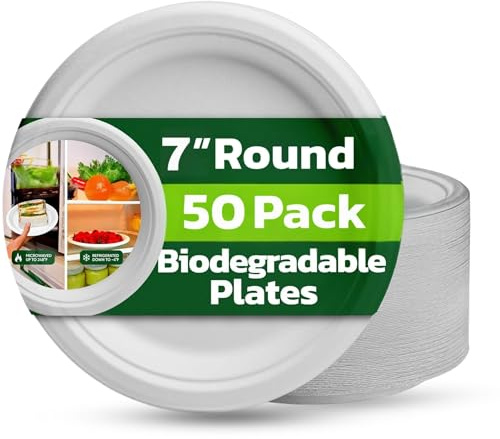 Strong Paper Plates 7 Inch 50 Pack, White Disposable Plates for Parties | Bagasse Plates for Hot Food, 100% Compostable & Biodegradable, Microwave Safe, for Weddings, Picnics, Natural Sugarcane Fibre