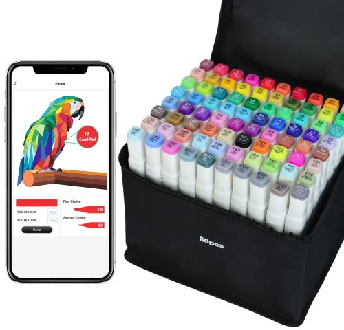 Vokiuler Set med alkoholmarkörer, 80 färger, konstmarkörer med app för färgning, konstnärer, ritmarkörer, pennor, mejsel och kula för vuxna, graffiti, animeillustration, målning, klottring med väska