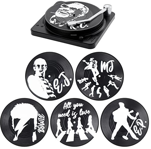 Fippy 6 Stück Schallplatten Untersetzer Set, Vinyl Schallplatten Untersetzer mit Halter, Schwarz Untersetzer Gläser Tasse Matte Getränkeuntersetzer für Getränke, Kaffee, Tee, Bierkrug (Farbe A)