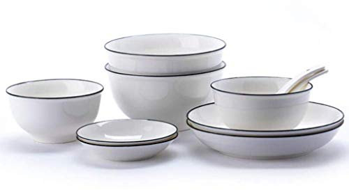 Service de Table, 10 pièces Bords Blancs et Noirs Service de Vaisselle Bols à céréales en céramique Assiettes cuillères et soucoupes Service pour 2 Personnes