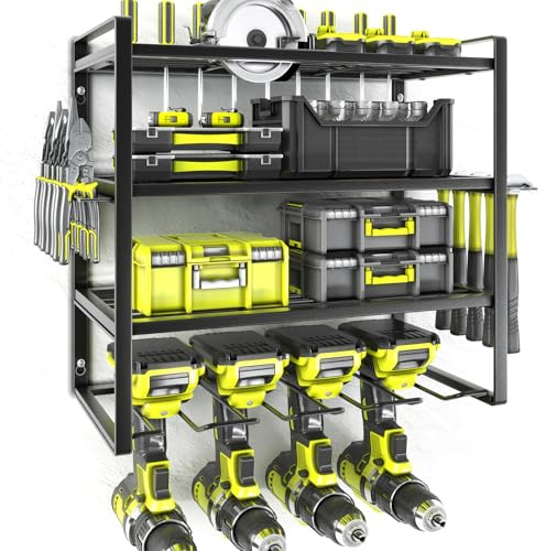 KAFAHOM Power Tool Organiser,4 Layer Drill Holders Wall Mount,Heavy Duty Metal Organisers and Storage Rack for Garage Organization,Tools Shelves with Screwdriver Plier/Hammer Holder, Black