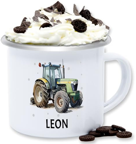 Emaille Tasse Blechtasse - Trecker Name I Trecker Fan I Traktor Geschenk personalisiert I Geschenk Landwirt - 300 ml - Weiß Silber - traktoren leon becher bulldog bauer enamel mug landwirtschaft
