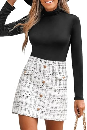 CUPSHE Women Skirt Tweed High Waist A-Line Woven Mock Button Front Mini Skirt White M