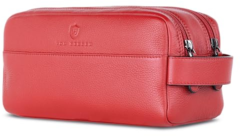 VON HEESEN Kulturbeutel Leder Kulturtasche für Herren & Damen - Echtleder Necessaire ideal zum Reisen - Waschtasche und Kosmetiktasche mit Zwei Hauptfächern rot, groß