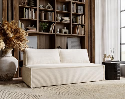 Kaiser Möbel - Sofa mit Schlaffunktion und Bettkasten, Sofa 2-sitzer, Schlafsofa mit Bettzeugbehälter, Klappsofa, Bettsofa, Bequemes Couch für Wohnzimmer, Schlafzimmer und Jugendzimmer, DUO, Hellbeige