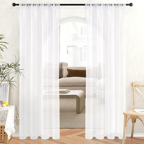 MRTREES Set of 2 White Voile Curtains with Rod Pocket for Bedroom Door, 137 x 213 cm