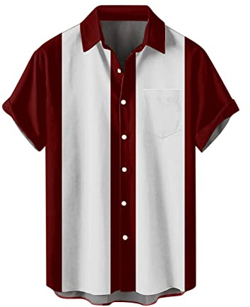 Chemise de bowling pour homme Camp Cabin Cabana Work - Style rockabilly - En coton - Manches courtes - Décontracté - Boutonné - Bicolore - Lounge années 50 - Vintage - Rétro - Chemise de loisirs, O