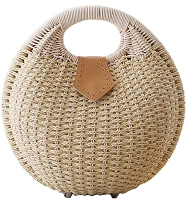 Strohtaschen Damen Stroh Handtasche Gewebte Damen Rattan Handgewebte Runde Schale Top-Griff Tasche Sommer Weibliche Lässige Tote Clutch Strandtasche Sommer Strohsack Strandtasche ( Color : Beige , Siz