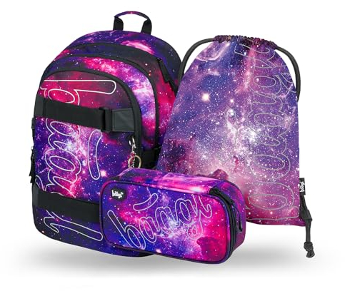 Baagl Schulrucksack Set Jungen Mädchen 3 Teilig, Schultasche ab 3. Klasse, Grundschule Ranzen mit Brustgurt, Ergonomischer Schulranzen (Skate Galaxy)