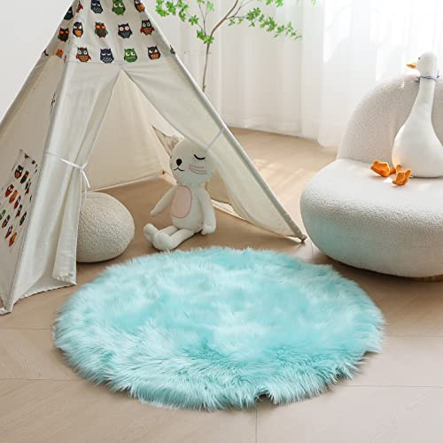 HARESLE Kleiner Runder Kunstfell Teppich Hellblau 50cm Teppiche für Lounge | Flauschig, Waschbar, Hochflor 6 cm, Kunstwildleder, Rutschfeste, für Wohnzimmer, Kinderzimmer, Babyzimmer