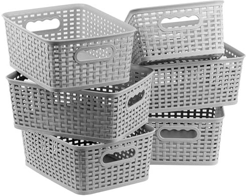 GEEZY Plastic Storage Baskets for Home Organisation Kitchen Cupboard Storage Bathroom Office School Cabinet Shelf Toiletries Cleaning Supplies Stackable Organiser Set of 6