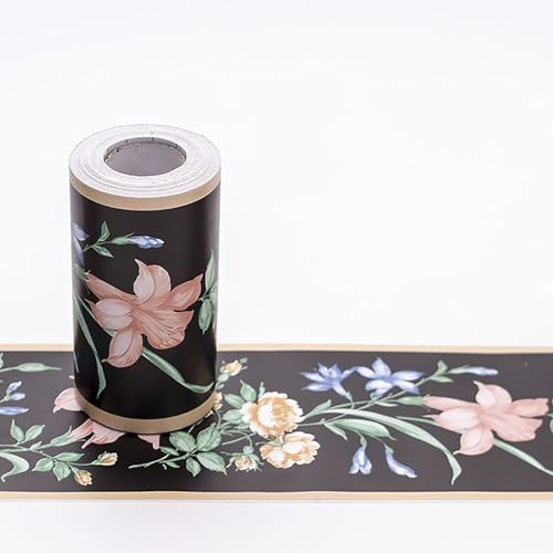 Jodimitty PVC Wallpaper Border Self Adhesive 10 Meter x 10cm Peel Stick Waistline Trim Wall Border for Living Room Bedroom Decoration (Black Floral)