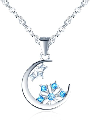 MOOFUN Zirkonia Schneeflocken Mond Halskette Damen Mädchen Silber 925: Funkelnd Ästhetik Anhänger Kette für Mama Frau Freundin Tochter Schwester - Hypoallergen Modeschmuck für Geburtstag Partei Reisen