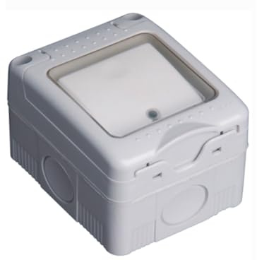 Pulsador estanco de superficie 16A/250V IP55 con indicador luminoso y tapa de plástico, ideal para control de iluminación en ambientes húmedos.