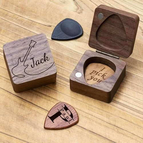 Púas de guitarra de madera personalizadas con funda, soporte para púas personalizadas, caja de púas para músicos, día del padre, cumpleaños, para guitarristas