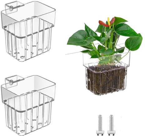 Aquarium-Pflanzenhalter mit Haken, transparent, Acryl, 2 Stück | Blumentöpfe für Aquarien, Aquaponische Pflanzen und Aquascape-Dekorationen