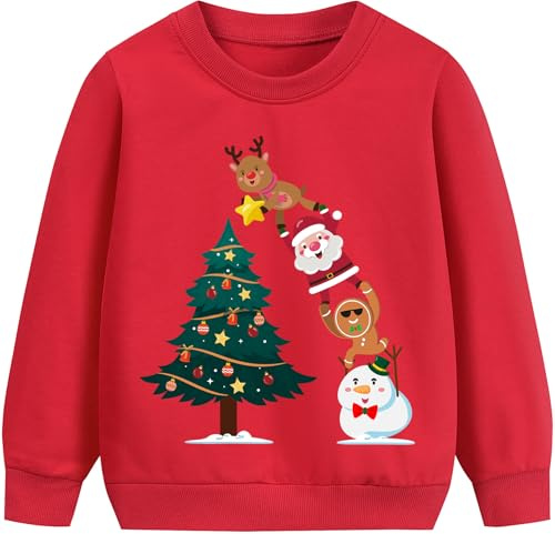 EULLA Kinder Jungen Mädchen Weihnacht Pullover Sweatshirt Weihnachtspuli Winter Baumwolle Christmas Xmas Lebkuchen Weihnachtsmann Weihnachtskleidung Gr.122/128 7 Jahre 9-2# Rot Weihnachtsbaum DE 122