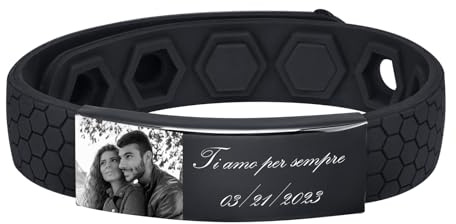 VNOX Bracciale Personalizzato per Uomo con Foto e Testo | Incisione Personalizzata | Regalo di Compleanno per Papà o Marito | In Silicone