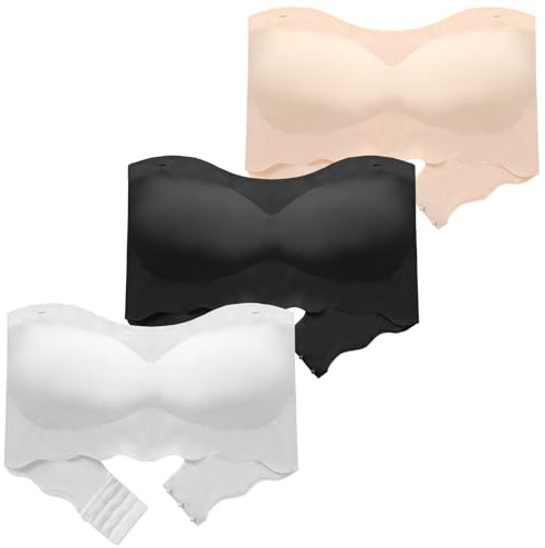 Happy Cherry axelbandslös bandeau-bh för flickor halkfri osynlig bh sömlös bralette-underkläder med avtagbar vadderad axelrem 3 delar, Svart+vit+beige, 80A