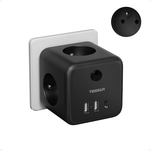 TESSAN 6-en-1 Multiprise Murale avec USB-C, Prise Multiple Française | Multiprise avec Interrupteur et 3 Ports USB, Prise Murale Cube 2500W, Convient pour Domicile, Bureau, Noir