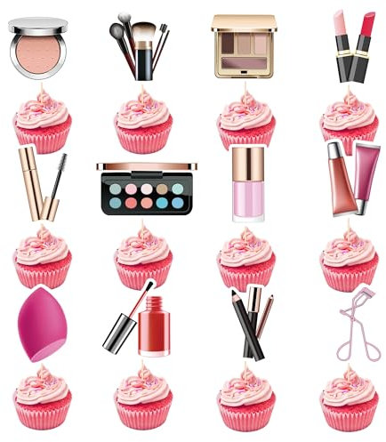 Makeup Cupcake Toppers Birthday Girls - 24 Pcs Makeup Cake Cupcake Toppers Table Decor For Women Conquette Bridal Shower Pink Birthday Party Decorations Spa Cosmetics Make Up Party Supplies Picks