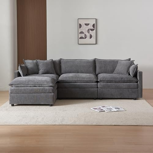 A ALFRESCOOL Divano con funzione di sonno, divano ad angolo imbottito, divano 4 posti, divano con poggiapiedi, divano a forma di L, divano letto per soggiorno, tessuto ciniglia, 276 x 75 x 89 cm