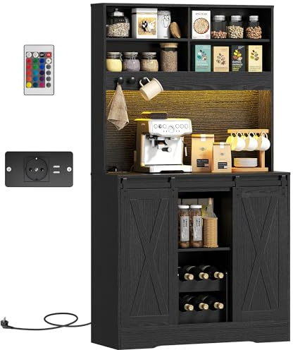 HOMCOM Credenza Cucina Alto Rustico 180cm, Mobile Dispensa con Prese di Ricarica, Luci LED, Portabottiglie, Piano Portamicroonde, Ripiani Aperti, Ante Scorrevoli, Foro Passacavi Sala da Pranzo, Nero
