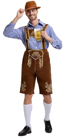 Beeoecm Oktoberfest herroutfit, tysk Bayern Oktoberfest kostym herr bayerskt klädesset med avtagbar haklapphållare, skjortor, knästrumpor och bayerska filthattar (blå, XL)