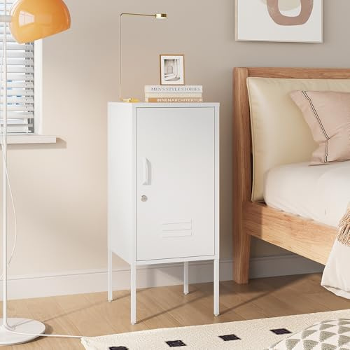 [en.casa] Nachttisch Hausjärvi Nachtschrank Metallschrank 82 x 35 x 35 cm mit 1 Tür Nachtkästchen Türgriff Links Nachtkommode abschließbar Büroschrank Metall Weiß