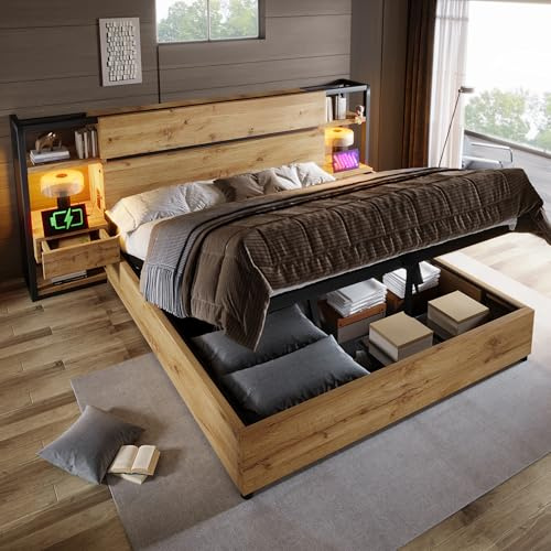 Doppelbett Bettanlage 180x200 mit Nachttisch,Stauraum Kopfteil mit Schubladen und USB Type-C-Ladefunktion,Hydraulisch Stauraumbett Holzbett Bettgestell Jugendbett Erwachsenenbett,Ohne Matratze,Eiche