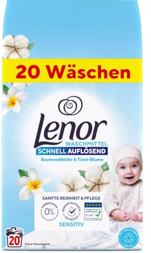 Lenor Detersivo in Polvere Sensitive, Formula Delicata con Fiori di Cotone e Tiare, 20 Lavaggi, 1200g, per Capi Sensibili