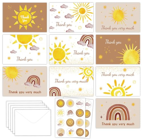 Rosqmor 10 Stück Dankeskarten Sonnenmotiv, GrußKarten Thank You Cards Inklusive UmschläGe und Aufkleber, Dankeschön Karte Bohemian-Stil für Geburtstage Hochzeiten Abschiede