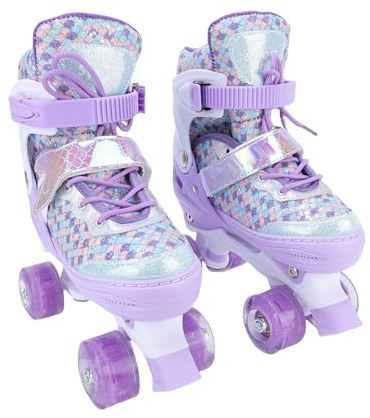 Focket Kinder-Rollschuhe für Mädchen und Jungen, Verstellbare Quad-Skates mit Dreifachem Schutz, Beleuchteter Rollschuh mit Blinkendem Rad und ABEC-Lager für Indoor- und Outdoor (L)