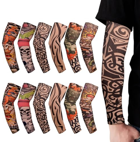 SAIIURV 12 Pièces Manches de Tatouage pour Hommes Femmes, Couvre-manches pour Tatouages de Bras, Temporaire Manchettes de Bras Faux Tatouage Tatoo pour Fête