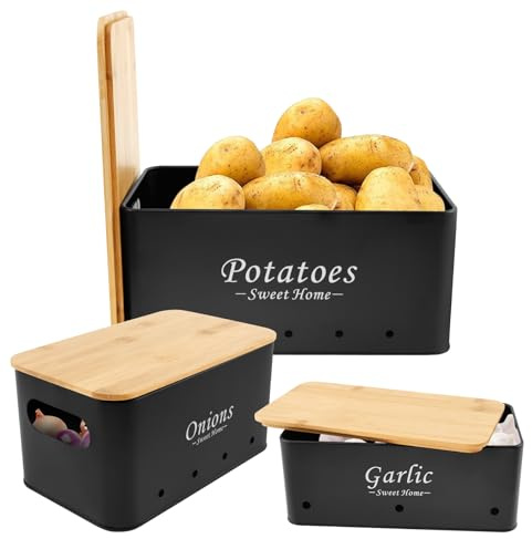 WAMEITF 3Pcs Onion Storage Jars with Ventilation Hole, Carbon Steel Bamboo Potato Onion Garlic Jars, Stackable Vegetable Storage Containers for Maintain the Freshness Quality Vegetables (black)