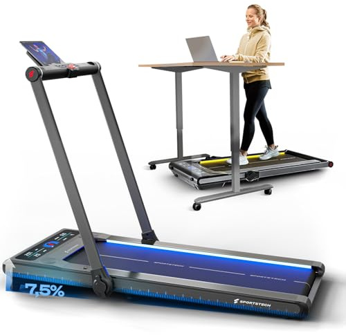 Sportstech Laufband für Zuhause und Schreibtisch, Walking Pad mit Steigung, Gehen bis 6 km/h & Joggen bis 12 km/h, LED, Home Office, klappbar, App Funktion, 130 kg belastbar, Tabletholder, sWalk Plus