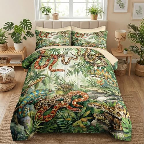 Pinbeam Comforter Set Queen Size, Reptile Snake Jungle 7 Pcs Bedding for Kids and Adults, Watercolor Turtle Bed Sheet Sets with Fitted Sheet 2 Pillowcases & 2 Shams for Bedroom Bed Decor