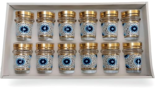 Générique Set de 12 Verres à Thé Marocains, Motif Floral Oriental Multicolore, Verre avec Bande Dorée, Style Traditionnel