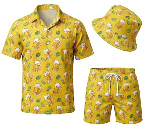 Harsever Chemise Hawaienne Homme,Chemise a Fleur Homme Manches Courtes Intéressantes Chemises Ete Set Inclure Bob Chemise Short,Chemises de Plage pour Hommes Femmes (Jaune, L)