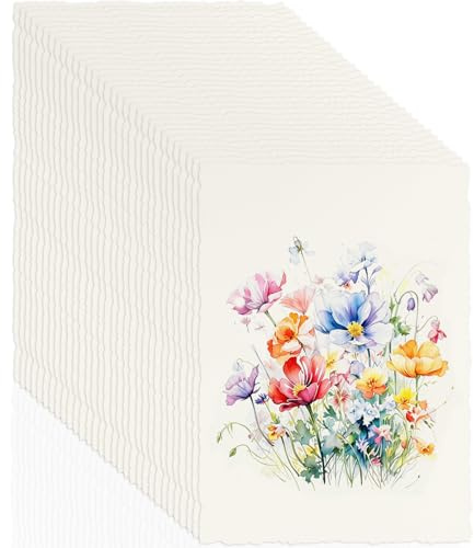 50 Hojas Papel Hecho a Mano A5, 21 x 14.8 cm Bordes Asperos Papel Acuarela, 160GSM Papel de Colores Texturizado Prensado en Frío Hecho de Algodón, para Invitaciones, Escritura y Dibujo