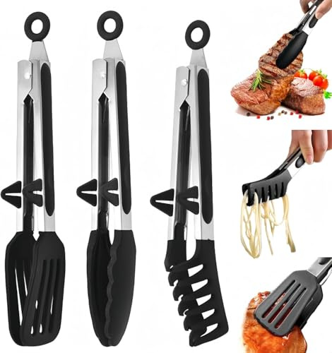 3 stycken kökstång – 27 cm grilltång rostfritt stål med stativ, kökstång värmebeständig som inte skadar grytan, BPA-fri, livsmedelsgodkänd silikon, maskintvättssäker, för matlagning, grillning