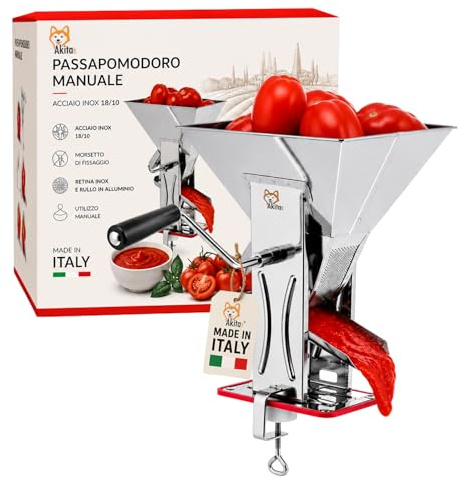 Akitaink Spremipomodoro Manuale in Acciaio Inox 18/C, Passapomodoro con Morsetto Fissaggio, Rullo in Alluminio e Retina Inox 18/10