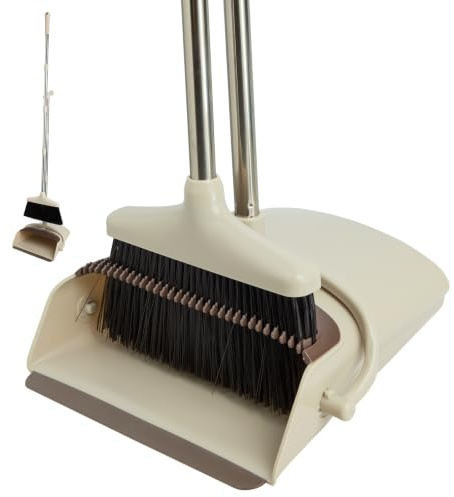 OOOFLOWER Broom with Dustpan Combo Set,141cm Long Handled,Beige | Foldable Upringht Design for Saving Storage.Household Kit for Pet Hair Home Kitchen and Lobby